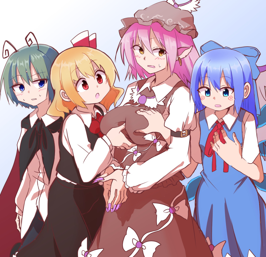 4girls animal_ears antennae bird_ears bird_wings blonde_hair blue_bow blue_eyes blue_hair blush bow brown_headwear cirno earrings fairy green_hair hair_bow hair_ribbon hat highres ice ice_wings jewelry medium_hair multiple_girls mystia_lorelei open_mouth pink_hair red_eyes red_ribbon ribbon rumia shinmon_akika short_hair single_earring team_9 touhou white_wings winged_hat wings wriggle_nightbug yellow_eyes