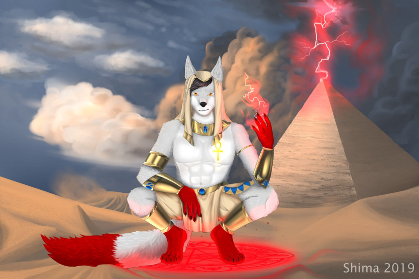 african_golden_wolf anthro canid canine canis clothing desert dog_tags egyptian egyptian_clothing egyptian_mythology egyptian_wolf magic magic_user male mammal middle_eastern_mythology mythology shaman shima_laqi solo tribal_spellcaster wolf