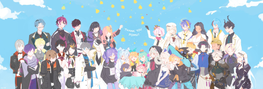 &gt;_&lt; 6+boys 6+girls :&lt; ^_^ aia_amare alban_knox aqua_bow aqua_dress aster_arcadia black_hair black_headwear black_jacket blonde_hair blowing_nose blue_background blue_hair blunt_bangs bow breadloaver brown_hair character_name character_request check_character claude_clawmark closed_eyes cloud crossed_arms crown doppio_dropscythe dress elira_pendora english_text enna_alouette everyone eyepatch finana_ryugu fulgur_ovid glasses grey_hair head_wings hex_haywire highres horns hug ike_eveland jacket kotoka_torahime kunai_nakasato kyo_kaneko long_hair luca_kaneshiro maria_marionette meloco_kyoran millie_parfait multiple_boys multiple_girls nijisanji nijisanji_en open_clothes open_jacket outdoors petra_gurin pink_hair pomu_rainpuff pomudachi_(pomu_rainpuff) purple_hair purple_jacket red_hair reimu_endou ren_zotto rosemi_lovelock scarle_yonaguni selen_tatsuki short_hair shu_yamino sleeveless sleeveless_dress smile sonny_brisko standing thank_you uki_violeta vantacrow_bringer vezalius_bandage victoria_brightshield vox_akuma white_headwear white_jacket wide_shot wings