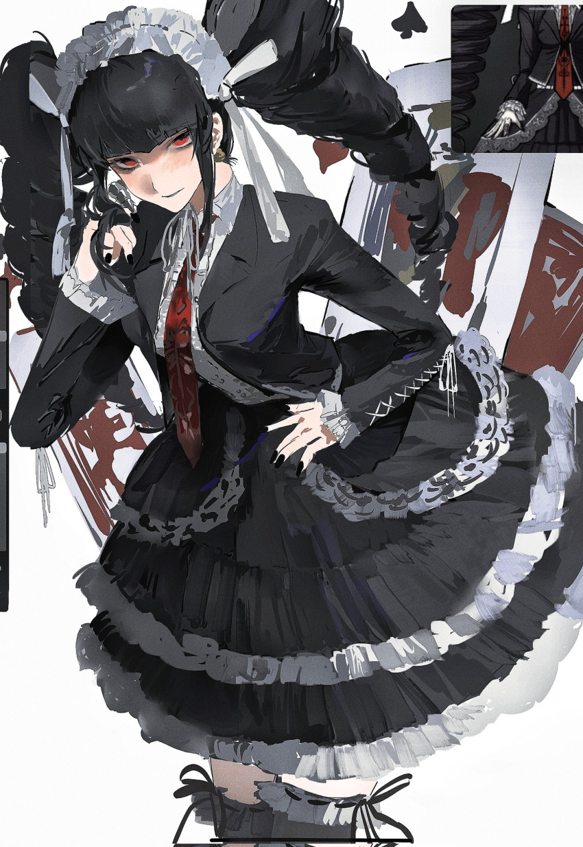 black_hair black_jacket black_nails blunt_bangs card celestia_ludenberg danganronpa:_trigger_happy_havoc danganronpa_(series) drill_hair frilled_skirt frills gothic_lolita hand_in_own_hair highres jacket jewelry kiyoshi_st lolita_fashion long_hair neck_ribbon necktie playing_card red_eyes red_necktie ribbon skirt smile tagme twin_drills upper_body white_background