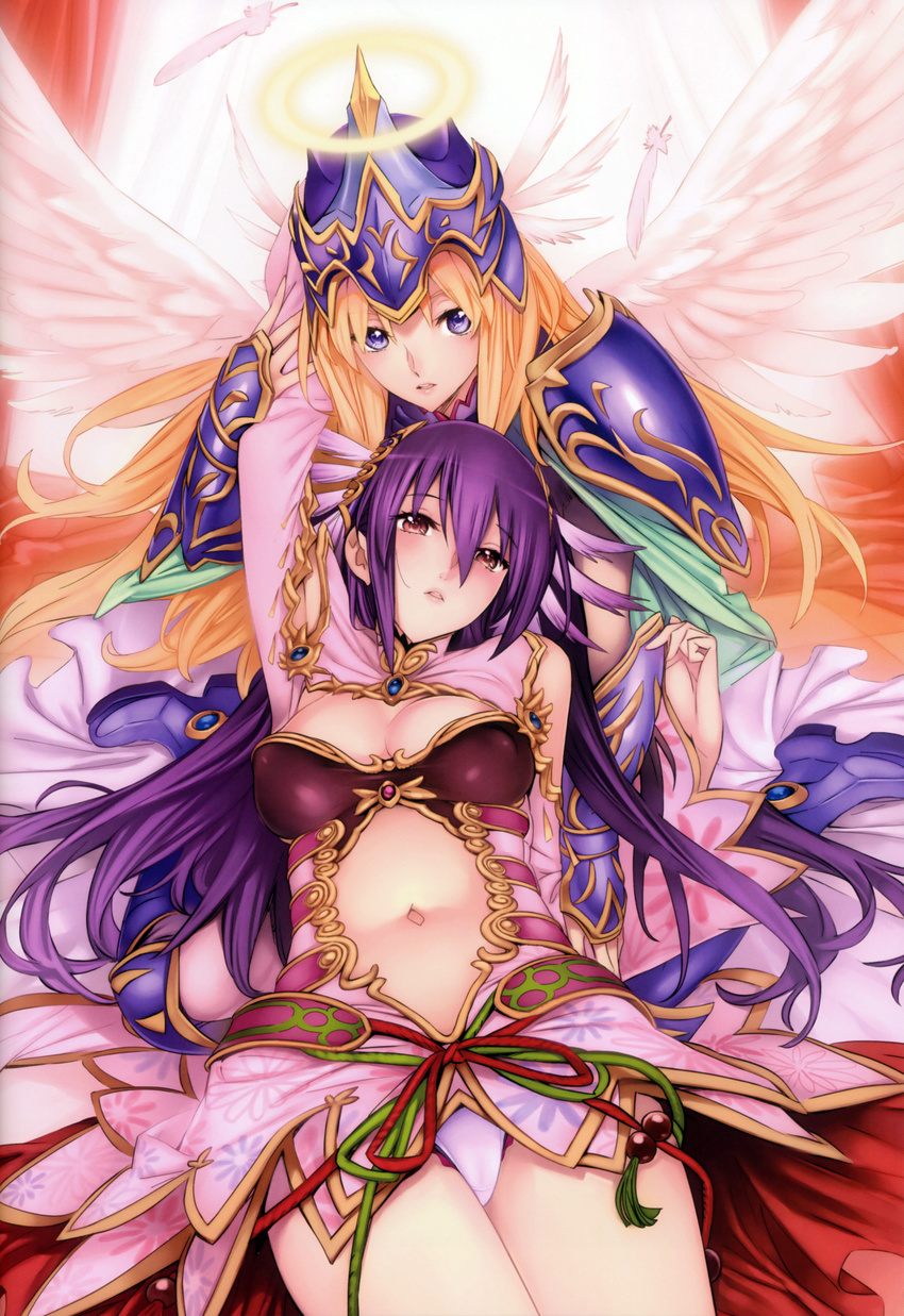 absurdres angel arm_guards arm_up armor bare_shoulders blonde_hair boots breasts dress feathers halo headgear helmet highres kamidori_alchemy_meister long_hair looking_at_viewer lying medium_breasts melodiana multiple_girls navel nishieda panties pantyshot pantyshot_(lying) pantyshot_(sitting) parted_lips pauldrons purple_eyes purple_hair red_eyes scan sitting underwear wariza white_panties white_wings wings yuela