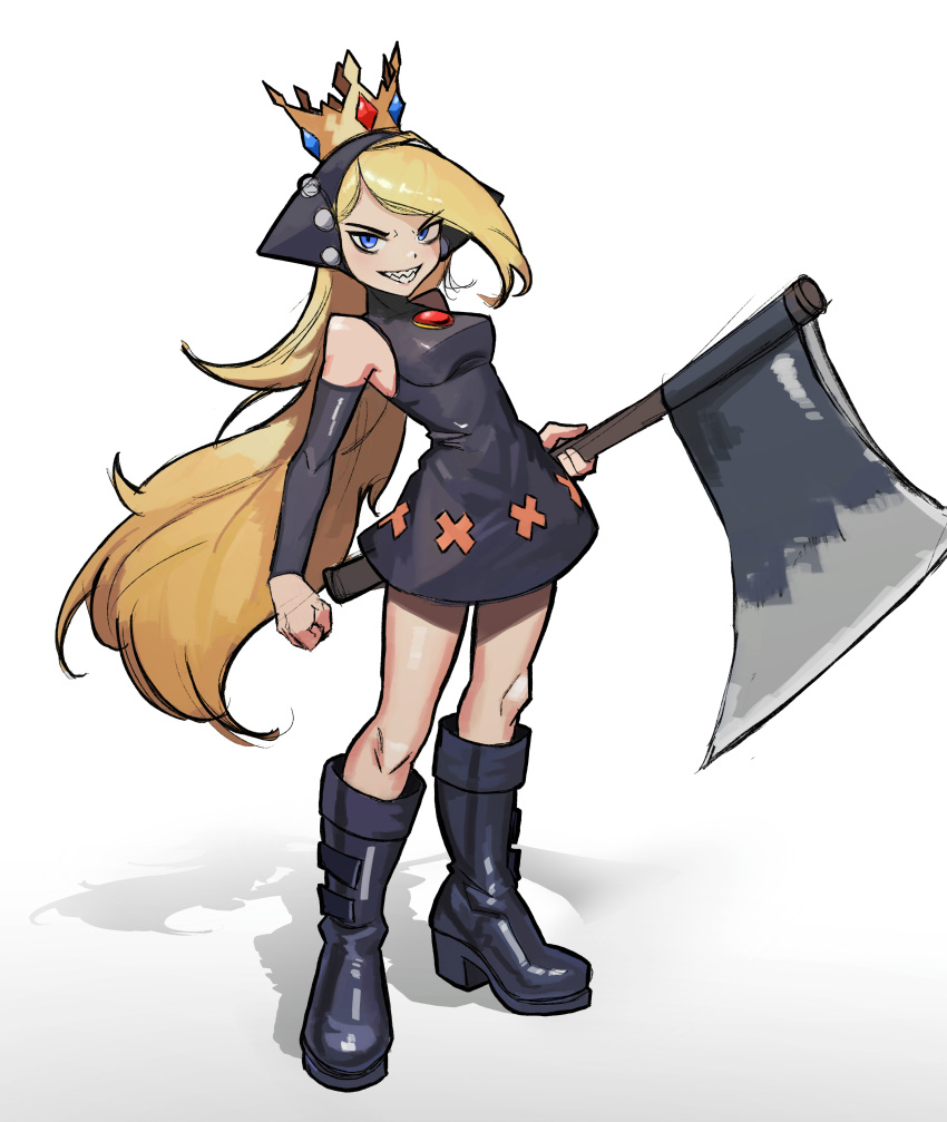 1girl absurdres axe bare_shoulders black_dress black_footwear black_sleeves blonde_hair blue_eyes boots brooch clenched_hand crown detached_sleeves dress full_body grin highres holding holding_axe holding_weapon hooded_dress izumi-is-blah jewelry knee_boots long_hair looking_at_viewer mario_(series) mario_power_tennis mario_tennis shadow sharp_teeth simple_background sleeveless sleeveless_dress smile solo teeth warupeach weapon white_background