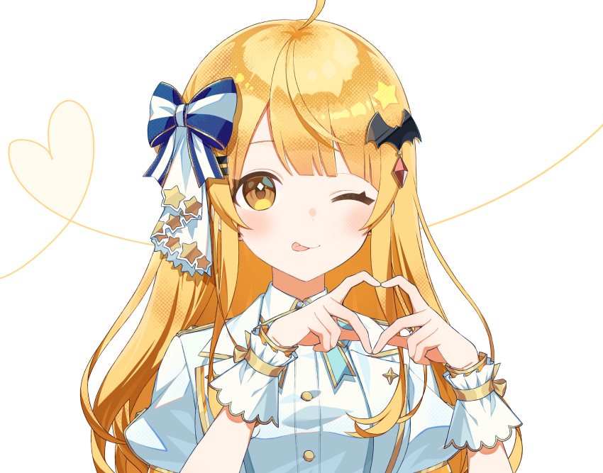 1girl ;p absurdres ahoge alternate_hairstyle bat_hair_ornament blonde_hair blue_bow blue_ribbon blush bow breasts buttons closed_mouth collared_jacket commentary_request dress_shirt gem gold_bow gold_ribbon gold_trim hair_bow hair_ornament hairclip hands_up heart heart_hands highres hololive idol idol_clothes jacket lapels long_hair looking_at_viewer neck_ribbon notched_lapels official_alternate_costume one_eye_closed open_clothes open_jacket puffy_short_sleeves puffy_sleeves red_gemstone ribbon sayu_(snowman_and_mayu) shirt short_sleeved_jacket short_sleeves shoulder_boards simple_background smile solo star_(symbol) star_hair_ornament star_ornament striped_bow striped_ribbon tongue tongue_out virtual_youtuber wavy_hair white_background white_bow white_jacket white_shirt white_wrist_cuffs wrist_cuffs yellow_bow yellow_eyes yozora_mel