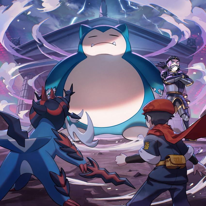 2boys 2others absurdres armor bag claws cloud cloudy_sky crossed_arms from_behind galaxy_expedition_team_survey_corps_uniform hat highres hisuian_samurott kamado_(pokemon) multiple_boys multiple_others official_art pokemon pokemon_legends:_arceus red_headwear red_scarf rei_(pokemon) satchel scarf sky snorlax stand_off standing sword temple tusks weapon