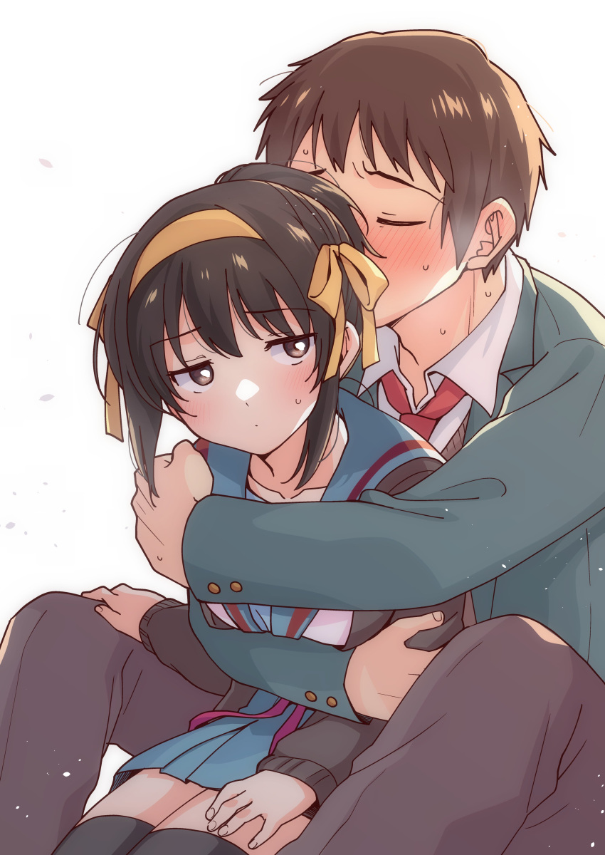 1boy 1girl absurdres black_thighhighs blazer blue_sailor_collar blue_skirt blush brown_cardigan brown_eyes brown_hair brown_pants cardigan collared_shirt green_jacket hair_ribbon hairband hetero highres hug hug_from_behind jacket kita_high_school_uniform kyon long_sleeves necktie official_alternate_hairstyle open_cardigan open_clothes pants pleated_skirt ponytail red_necktie red_ribbon ribbon sailor_collar school_uniform serafuku shirt short_hair simple_background sitting skirt suzumiya_haruhi suzumiya_haruhi_no_yuuutsu sweat swimsuit taiki_(6240taiki) thighhighs white_background white_shirt winter_uniform yellow_hairband yellow_ribbon