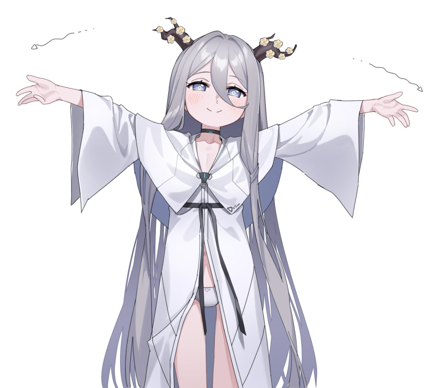 1girl \||/ arrow_(symbol) black_choker black_ribbon blush choker collarbone controlline3 counter:side dress grey_eyes grey_hair hair_between_eyes hair_intakes highres horn_flower horn_ornament horns long_hair long_sleeves looking_at_viewer navel outstretched_arms panties partially_unzipped ribbon shepherd_(counter:side) simple_background smile solo spread_arms standing straight_hair underwear variant_set very_long_hair white_background white_dress white_panties