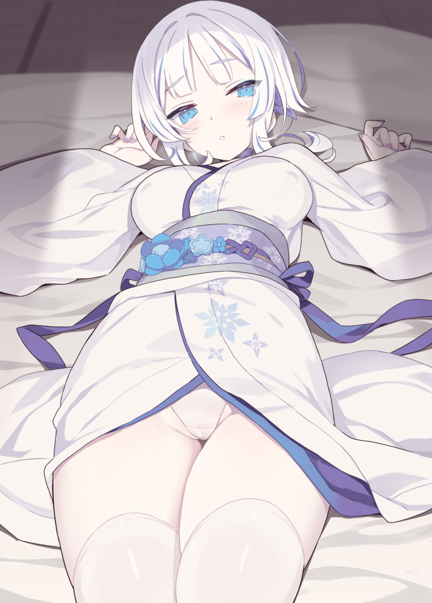 1girl blade_(galaxist) blue_eyes blush breasts commentary_request covered_nipples futon highres japanese_clothes kimono large_breasts long_sleeves looking_at_viewer lying obi on_bed open_mouth original pale_skin panties sash short_hair snowflake_print solo thighhighs underwear white_hair white_kimono white_panties white_thighhighs wide_sleeves