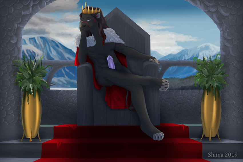 anthro chair emperor erection felid feline furniture genitals king lion male mammal pantherine penis royalty shima_laqi solo throne throne_room