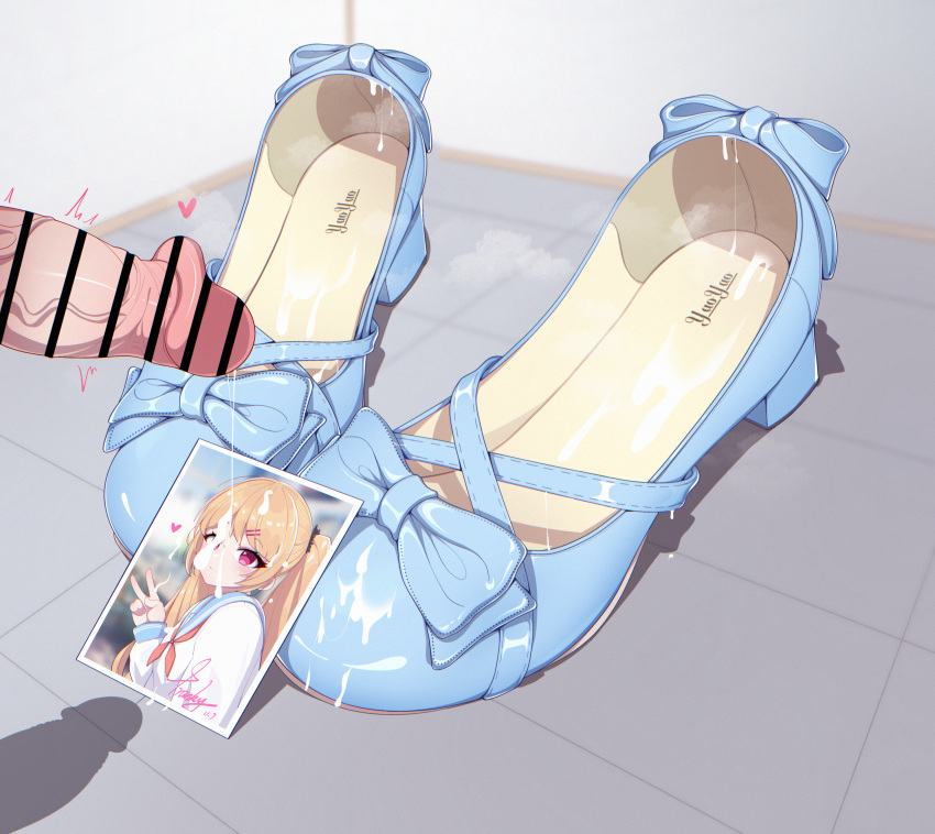 absurdres artist_name bar_censor blonde_hair blue_footwear blush censored cum cum_on_clothes cum_on_picture ejaculation floor high_heels highres long_hair mary_janes original penis photo_(object) red_eyes school_uniform serafuku shoes signature smell smile twintails v yao_(pixiv9482697)