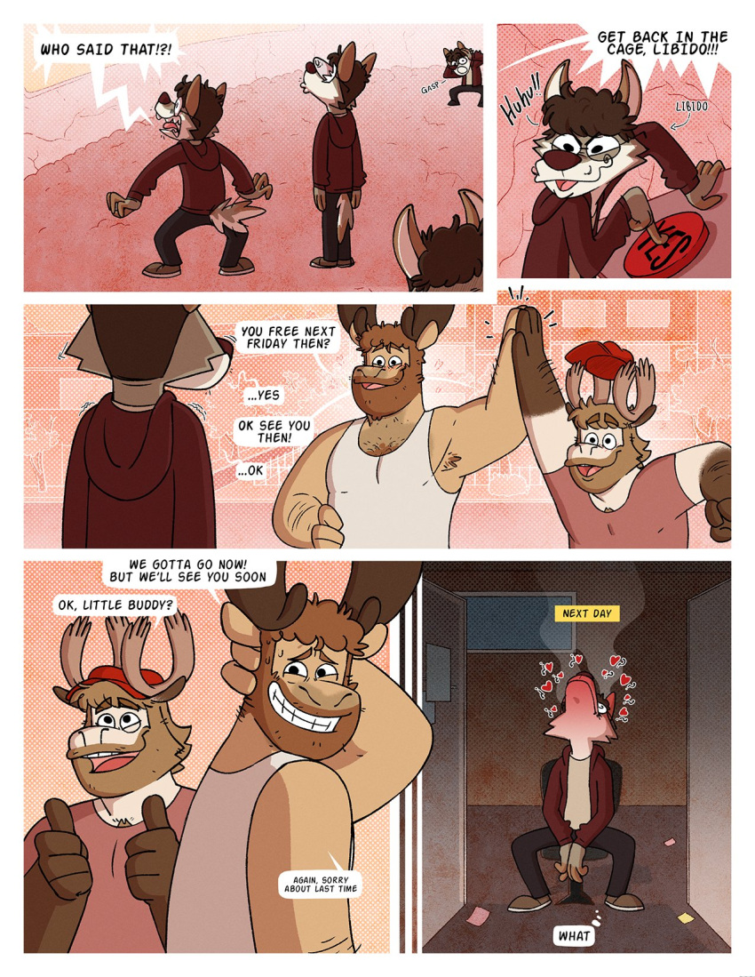 &lt;3 antlers apology beard big_red_button bodily_fluids bottomwear brown_hair canid canine canis chair clothing comic confusion deer dialogue embarrassed english_text eyes_popping_out eyewear facial_hair footwear furniture gasp gesture glasses hair hand_behind_head hat headgear headwear hi_res high_five hoodie horn inner_monologue leo_(nardodraws) looking_up mammal moose nardodraws new_world_deer open_mouth panicking pants rodney_(nardodraws) shaking shirt shoes sitting smile standing steam sweat swirly_eye tank_top text thumbs_up tom_(nardodraws) topwear trembling wolf yelling