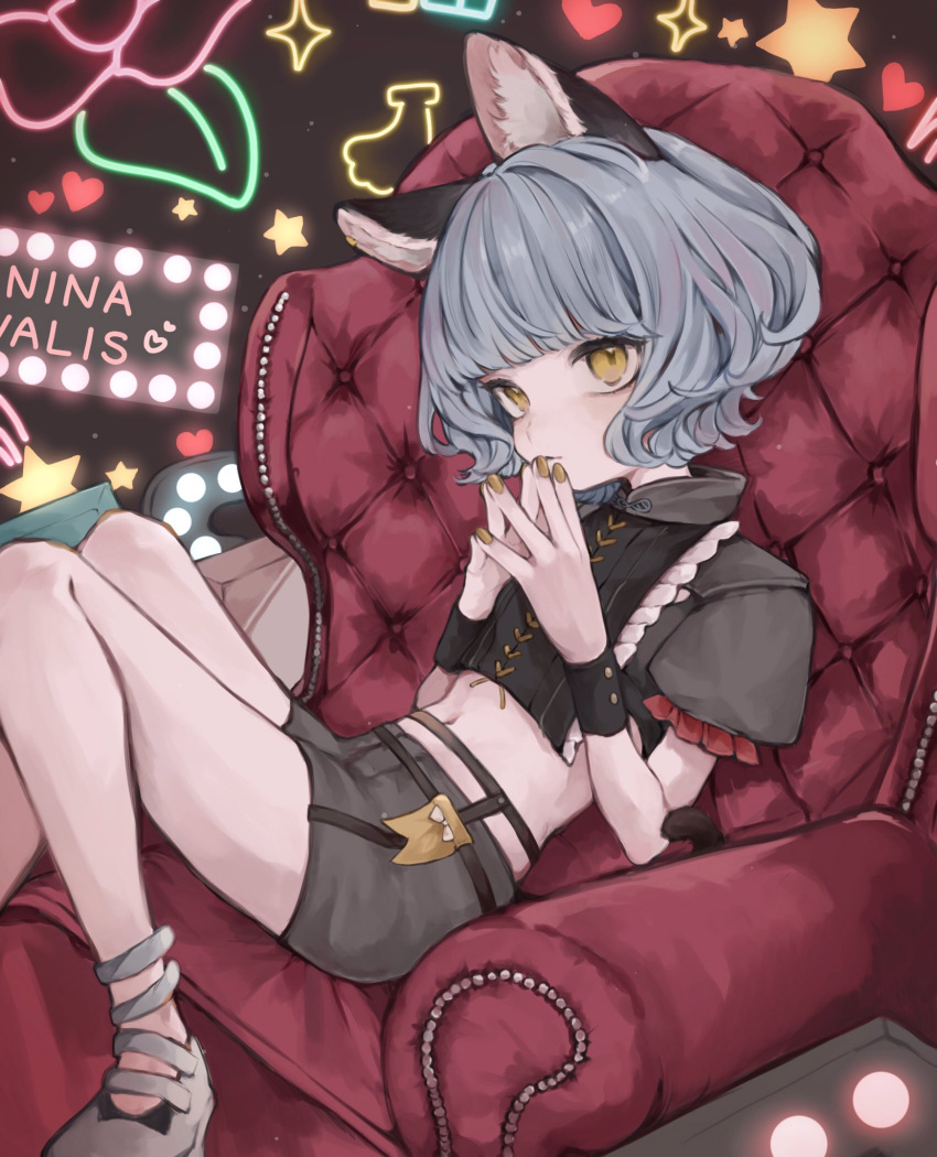 1girl animal_ears ankle_strap armchair black_shirt blunt_bangs cat_ears cat_girl cat_tail chair character_name closed_mouth commentary cropped_shirt foot_out_of_frame from_side garter_belt grey_footwear grey_hair grey_shorts group_name highres knees_up light_blush looking_at_viewer looking_to_the_side manuka_x_x midriff navel neon_sign nina_(valis) own_hands_together puffy_short_sleeves puffy_sleeves shirt shoes short_hair short_shorts short_sleeves shorts sinsekai_studio sitting solo steepled_fingers tail valis_(sinsekai) wavy_hair yellow_eyes
