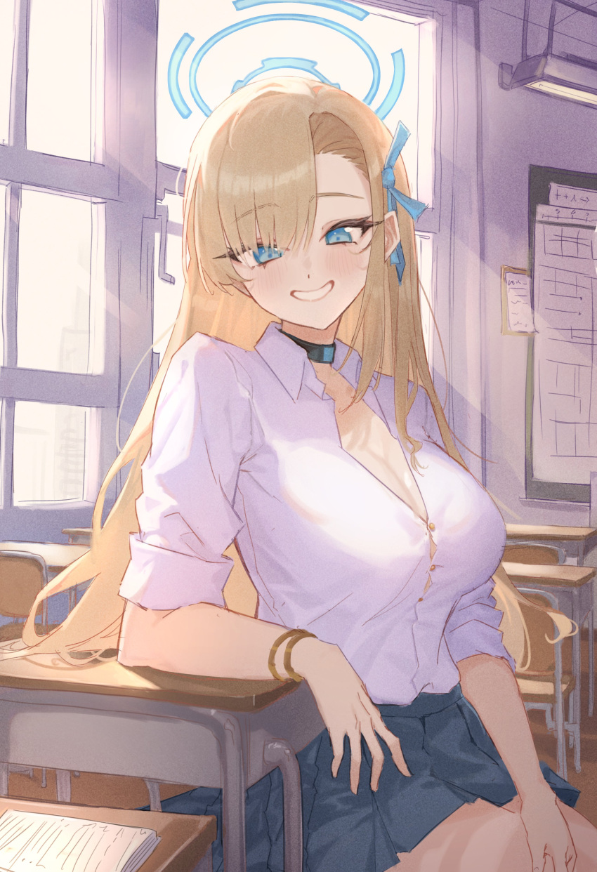 1girl absurdres asuna_(blue_archive) blue_archive blue_eyes blue_skirt blush bracelet breasts chair choker classroom cleavage collared_shirt desk dkyung004 grin hair_ribbon halo highres indoors jewelry large_breasts light_brown_hair long_hair looking_at_viewer pleated_skirt ribbon school_desk school_uniform shirt sitting skirt smile solo striped_clothes vertical-striped_clothes white_shirt window