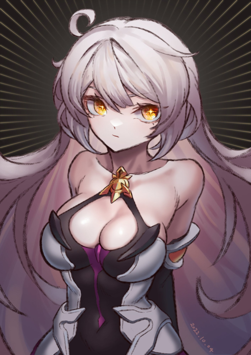 1girl ahoge bare_shoulders black_background black_leotard breasts cleavage collarbone commentary_request grey_hair highres honkai_(series) honkai_impact_3rd junik_(snrj2255) kiana_kaslana kiana_kaslana_(herrscher_of_the_void) korean_commentary large_breasts leotard long_hair solo upper_body v-shaped_eyebrows very_long_hair yellow_eyes