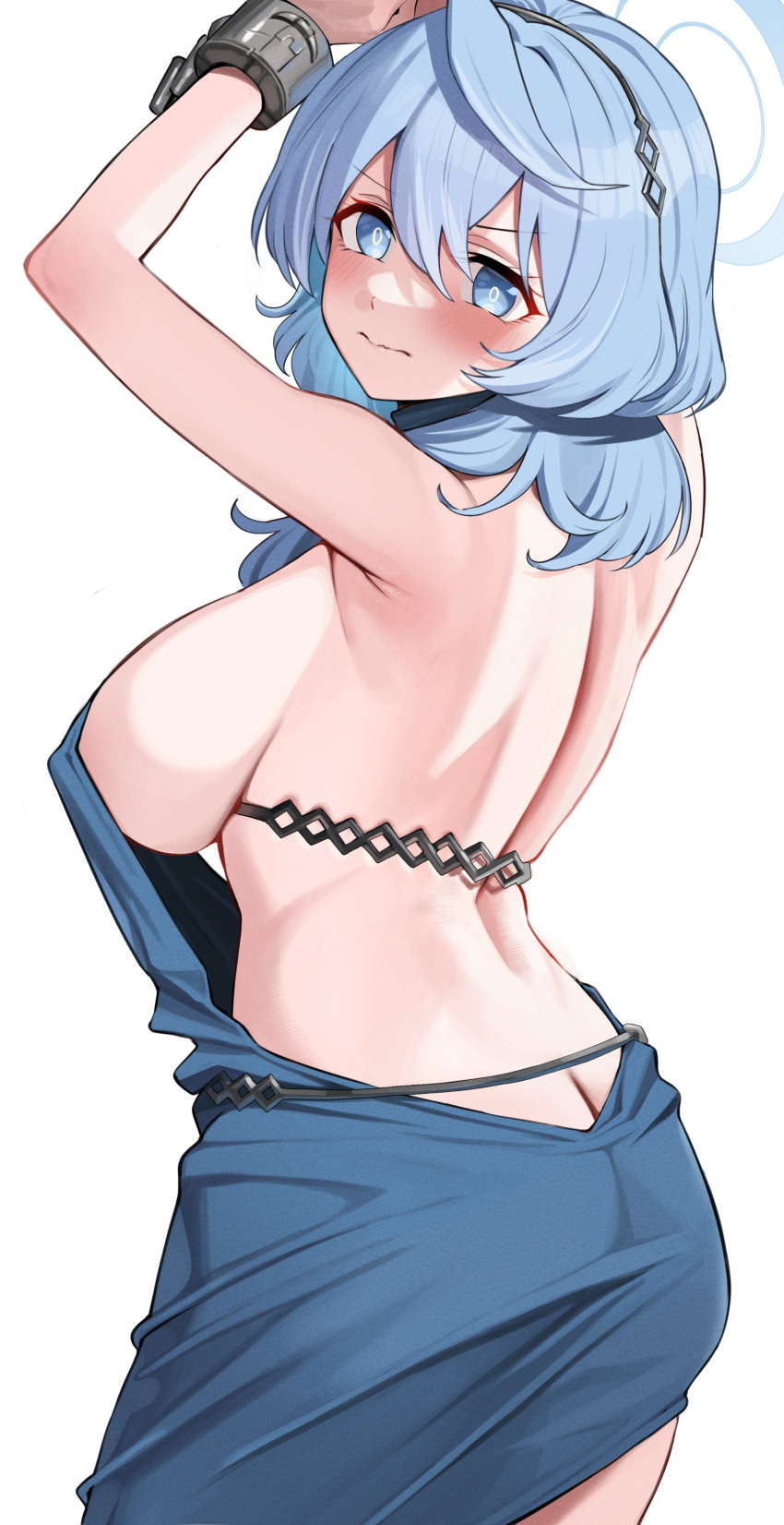 1girl absurdres ako_(blue_archive) ako_(dress)_(blue_archive) arms_up back bare_back bare_shoulders blue_archive blue_dress blue_eyes blue_hair blue_halo blue_pupils blush breasts closed_mouth commentary_request dress from_behind hair_between_eyes halo highres large_breasts looking_at_viewer medium_hair official_alternate_costume ramanda sideboob simple_background sleeveless sleeveless_dress solo white_background