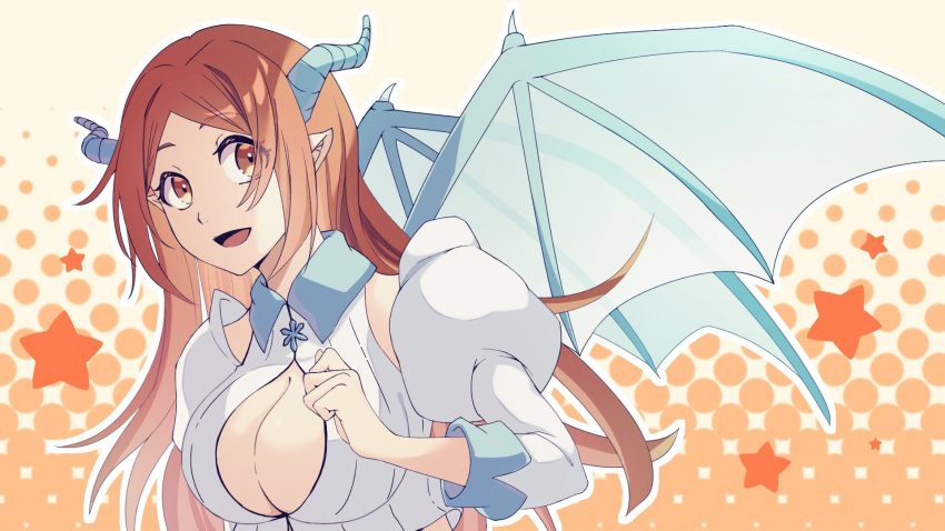 1girl :d animal_ears bleach bleach:_sennen_kessen-hen breasts brown_eyes chinese_zodiac cleavage cleavage_cutout clenched_hand clothing_cutout commentary detached_sleeves dragon_girl dragon_horns dragon_wings hand_up highres horns inoue_orihime juliet_sleeves large_breasts long_hair long_sleeves looking_at_viewer open_mouth orange_background orange_hair parted_bangs pointy_ears polka_dot polka_dot_background puffy_sleeves sidelighting simple_background smile solo star_(symbol) straight_hair sumire_1046 tareme upper_body very_long_hair wings year_of_the_dragon