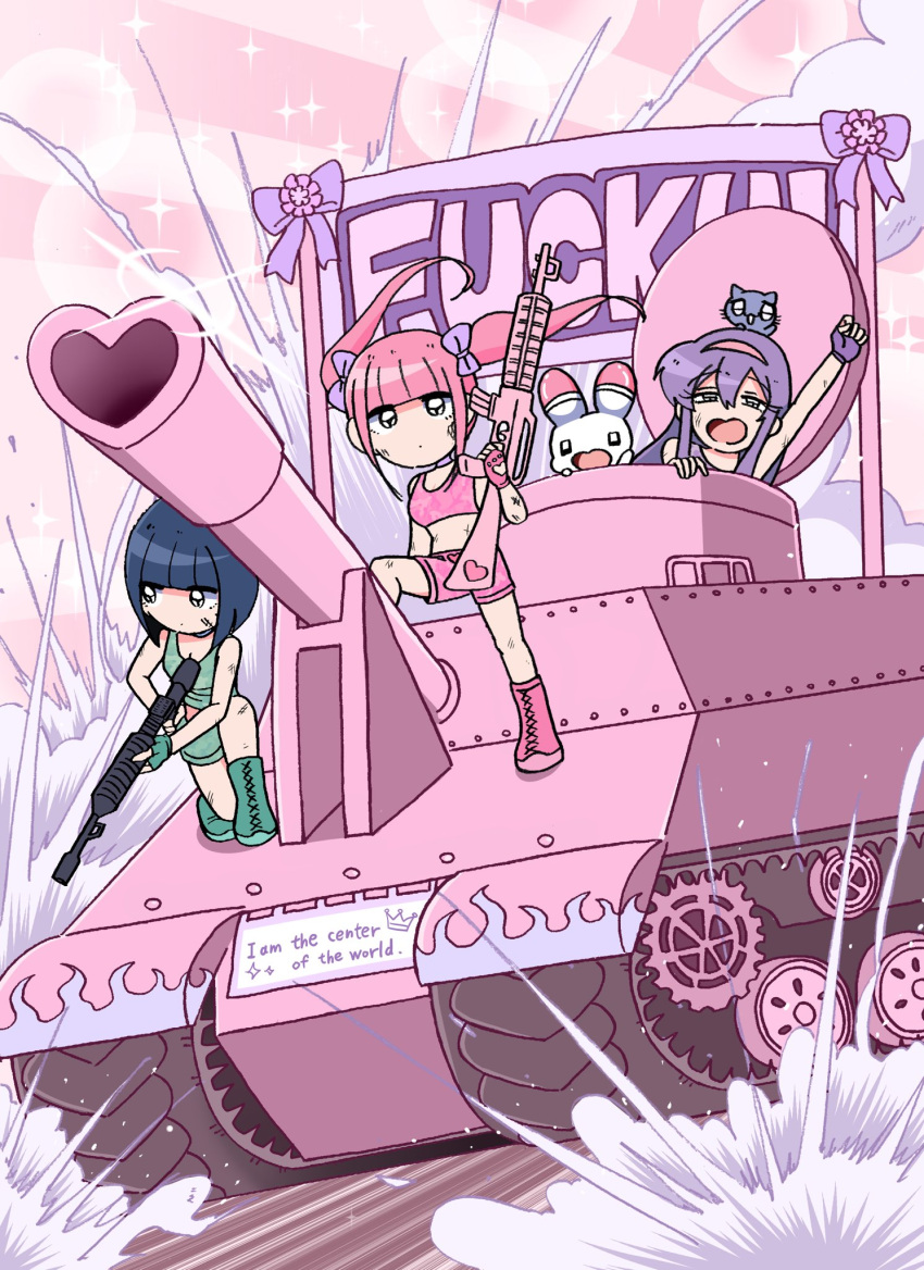 3girls black_eyes blue_hair blunt_bangs bob_cut bow bruise collar english_text ezaki_bisuko flower green_collar green_footwear green_shorts green_tank_top hair_between_eyes hair_bow hairband highres holding holding_weapon injury menhera-chan_(ezaki_bisuko) menhera-chan_(ezaki_bisuko)_(character) military_vehicle motor_vehicle multiple_girls pink_background pink_footwear pink_hair pink_hairband pink_shorts pink_tank_top profanity purple_bow purple_collar purple_hair purple_tank_top sabukaru-chan_(ezaki_bisuko) shorts sign smoke sparkle tank tank_top twintails weapon weapon_request yumekawa-chan_(ezaki_bisuko)