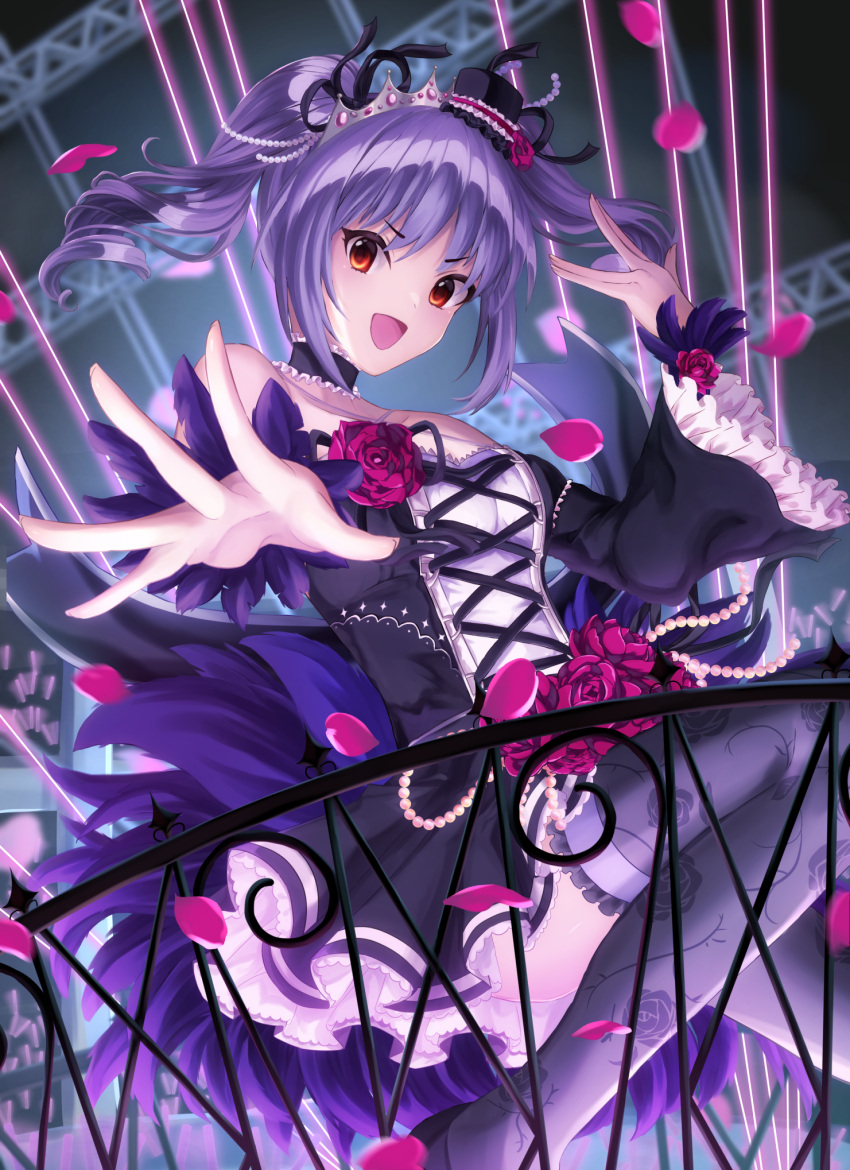 1girl amanami_(v) bare_shoulders beads black_choker black_dress black_thighhighs breasts choker commentary_request dress floral_print flower frilled_dress frills hat highres idolmaster idolmaster_cinderella_girls kanzaki_ranko medium_breasts mini_hat off-shoulder_dress off_shoulder open_mouth petals purple_flower purple_hair purple_rose red_eyes rose smile solo thighhighs tiara twintails v-shaped_eyebrows
