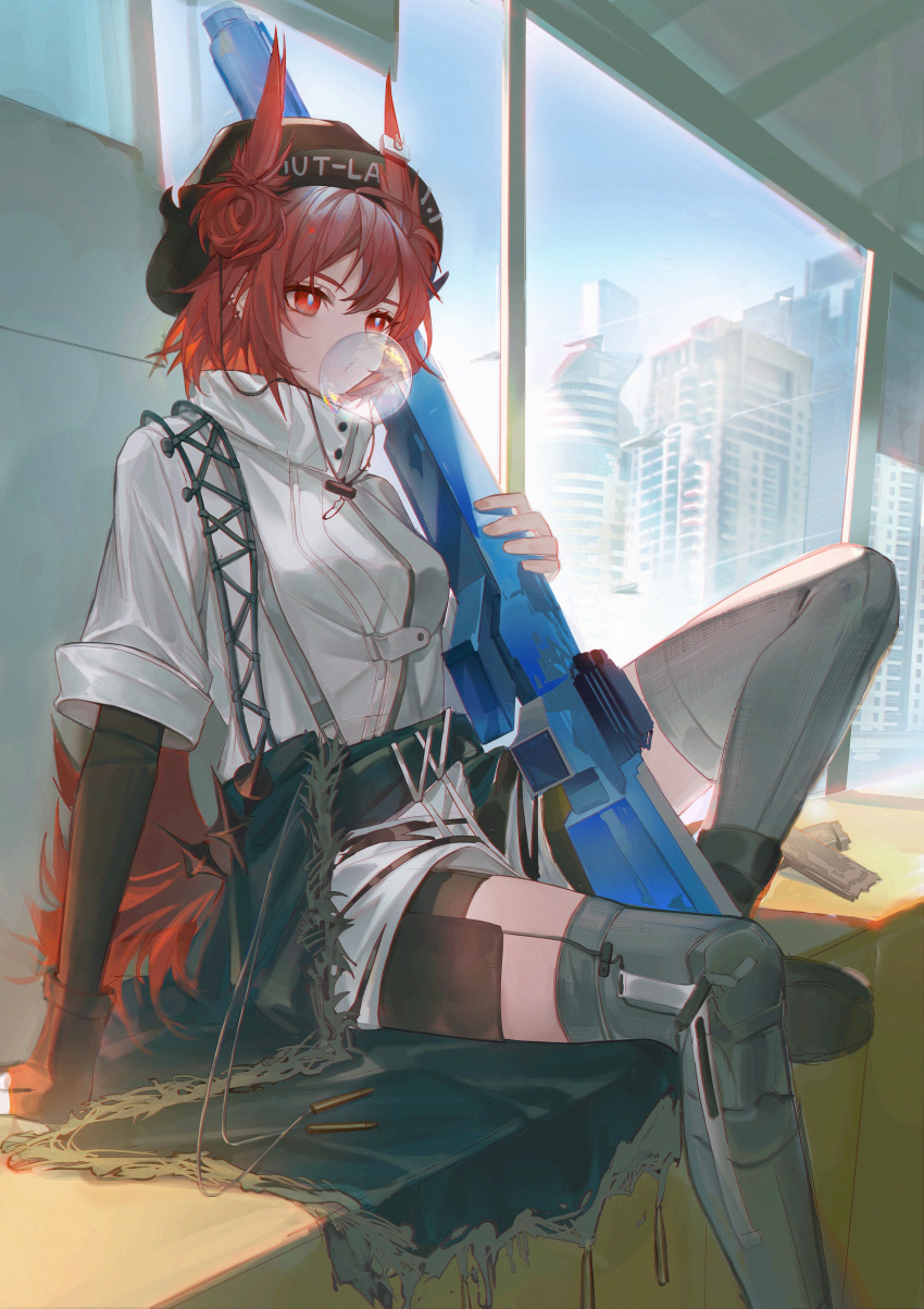 1girl absurdres arknights black_headwear breasts bright_pupils bubble_blowing chinese_commentary commentary_request fiammetta_(arknights) foot_out_of_frame high_collar highres holding layered_sleeves long_sleeves luren_max pointy_hair red_eyes red_hair shirt short_hair short_over_long_sleeves short_sleeves sitting small_breasts solo thighhighs white_pupils white_shirt