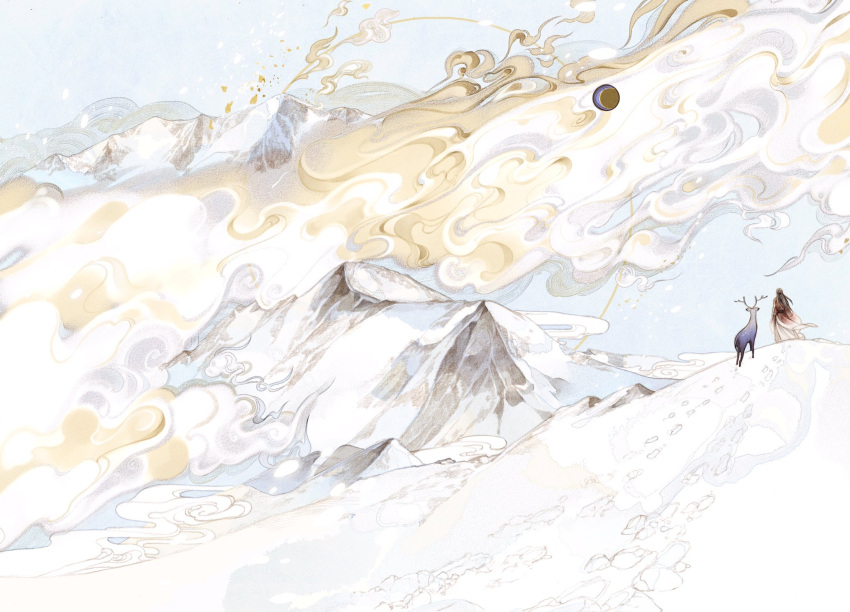 1boy black_hair blue_sky chinese_clothes cloud commentary_request day deer footprints from_behind hanfu highres long_hair mountain original outdoors red_robe robe sky snow snowing solo wide_shot yaomojun