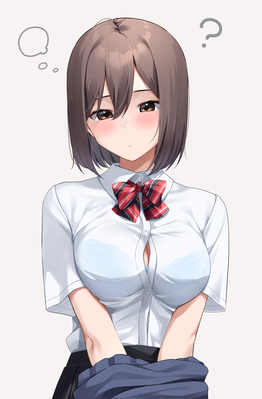 1girl ? absurdres blue_bra blush bob_cut bra bra_peek bra_visible_through_clothes breasts brown_eyes brown_hair bursting_breasts button_gap commentary_request highres kiona_(giraffe_kiona) large_breasts medium_hair original school_uniform simple_background solo undersized_clothes underwear