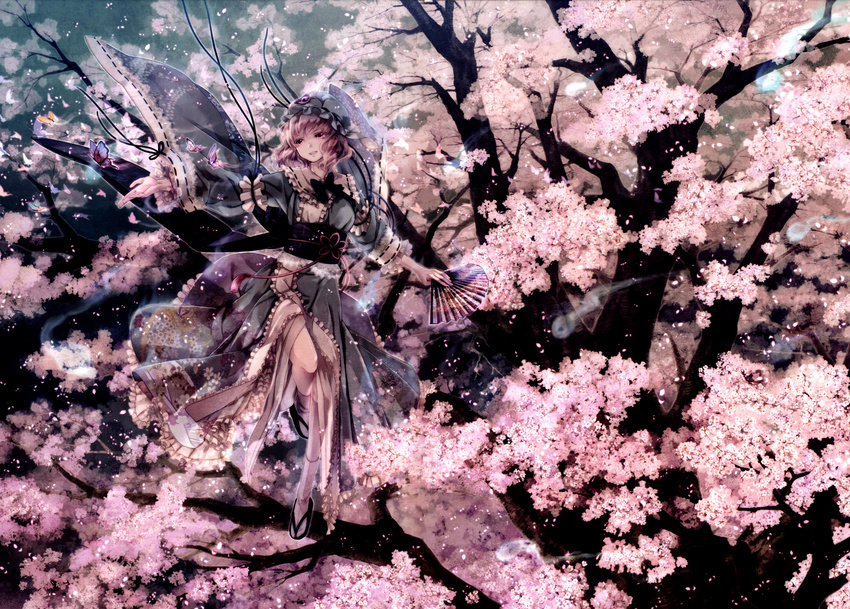 absurdres black_ribbon blue_ribbon bug butterfly cherry_blossoms fan floating folding_fan frills glowing hat highres hitodama in_tree insect japanese_clothes knot long_sleeves miyuki_ruria mob_cap night obi outdoors outstretched_arms petals pink_hair red_eyes ribbon ribbon-trimmed_sleeves ribbon_trim saigyouji_yuyuko sandals sash scenery short_hair socks solo tabi touhou transparent tree triangular_headpiece white_legwear wide_sleeves