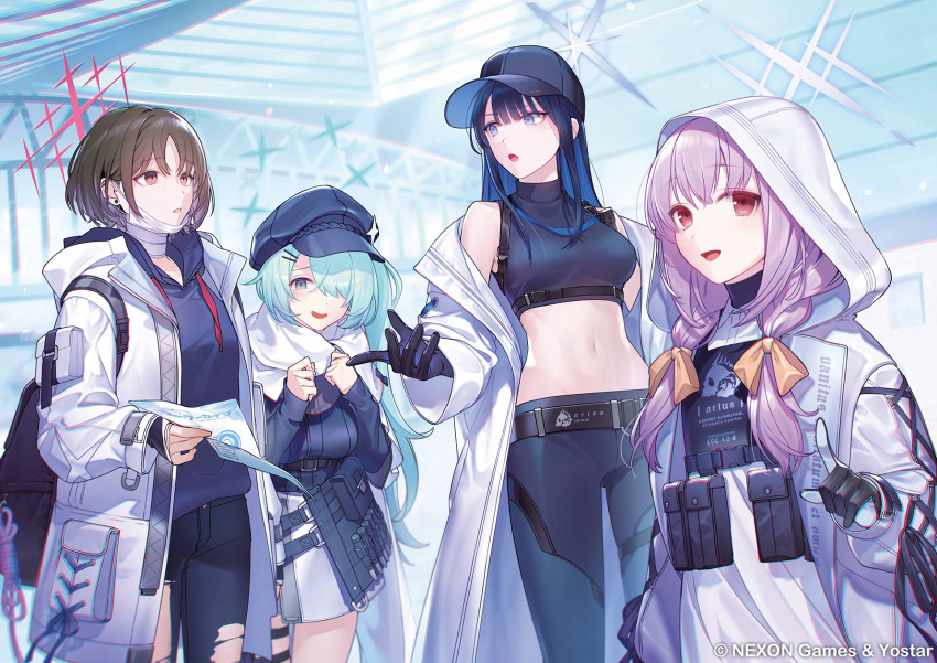 4girls arius_squad_(blue_archive) atsuko_(blue_archive) baseball_cap belt black_belt black_gloves black_hair black_headwear black_pants black_shirt black_sweater blue_archive blue_eyes blue_hair blue_halo braid breasts cabbie_hat colored_inner_hair gloves green_eyes green_hair green_halo grey_halo hair_over_one_eye halo hat highres hiyori_(blue_archive) hood hood_up hooded_jacket jacket large_breasts loalo long_hair long_sleeves mask medium_breasts misaki_(blue_archive) mouth_mask multicolored_hair multiple_girls navel open_clothes open_jacket open_mouth pants purple_hair red_eyes red_halo saori_(blue_archive) scarf shirt short_hair side_ponytail sleeveless sleeveless_shirt small_breasts smile surgical_mask sweater torn_clothes torn_pants twin_braids white_jacket white_mask white_scarf