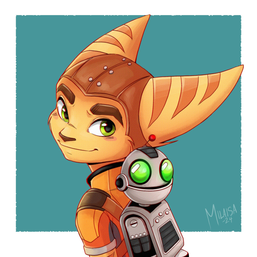 2024 anthro brown_nose brown_stripes clank_(ratchet_and_clank) clothing duo eyebrows fur green_eyes headgear headwear hi_res lombax looking_at_viewer machine male mammal milaisadoodles portrait ratchet ratchet_and_clank robot smile sony_corporation sony_interactive_entertainment striped_body striped_fur stripes yellow_eyes