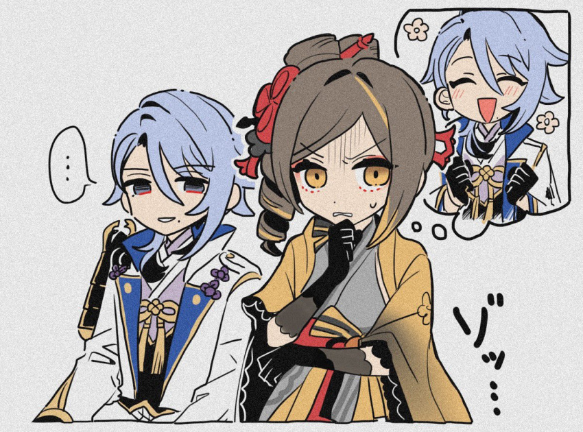 ... 1boy 1girl armor black_gloves blue_hair brown_hair chiori_(genshin_impact) clenched_hands closed_eyes commentary_request drill_hair flower genshin_impact gloves grey_background hair_between_eyes hair_ornament imagining japanese_armor japanese_clothes kamisato_ayato mole mole_under_mouth mugime_(oretekisunshine) open_mouth shaded_face simple_background spoken_ellipsis sweat tassel wide_sleeves