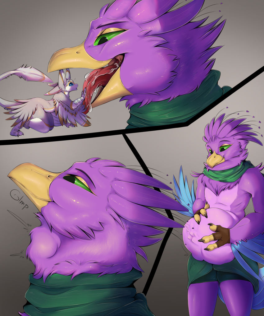 ambiguous_gender ambiguous_prey anthro anthro_pred anthro_prey avali avian avian_feet beak biped bird blue_body bodily_fluids clothing countershading dervali feathered_crest feathered_wings feathers galliform green_eyes grey_body grey_feathers gyro_feather head_crest hi_res larger_pred licking male markings multiple_prey neck_bulge olty oral_vore peafowl phasianid pink_body saliva scarf tail tail_feathers tongue tongue_out vore white_body white_feathers winged_arms wings yellow_markings