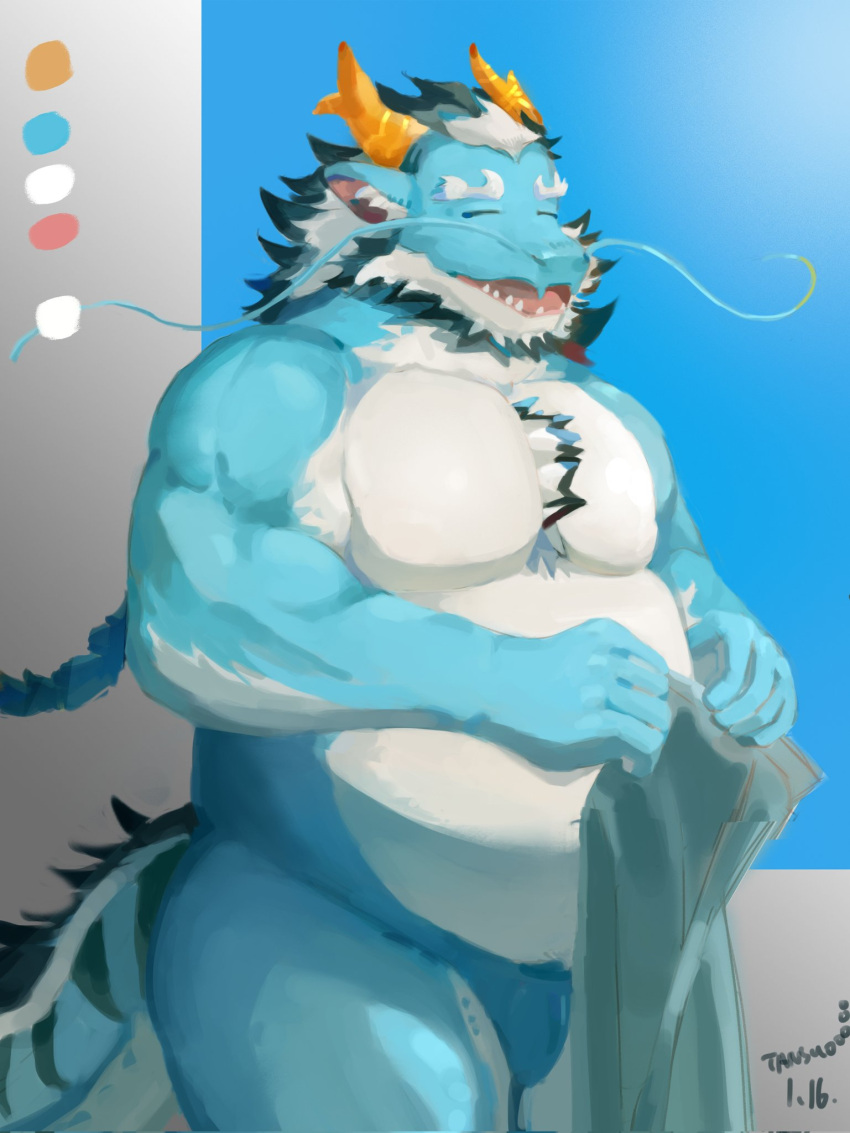 anthro beard belly biceps blue_body clothing dragon facial_hair hi_res horn lifewonders male mature_male musclegut pecs qinglong smile solo speedo swimwear tansuooooo tokyo_afterschool_summoners whiskers