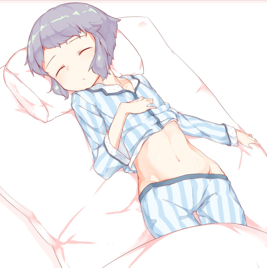 1girl :&lt; bed_sheet blue_pajamas closed_eyes commentary_request flat_chest hand_on_own_chest highres idolmaster idolmaster_million_live! long_sleeves lying makabe_mizuki navel on_bed pajamas pajamas_lift pillow purple_hair short_hair sidelocks sleeping solo stomach sunfromwest vertical-striped_pajamas white_background