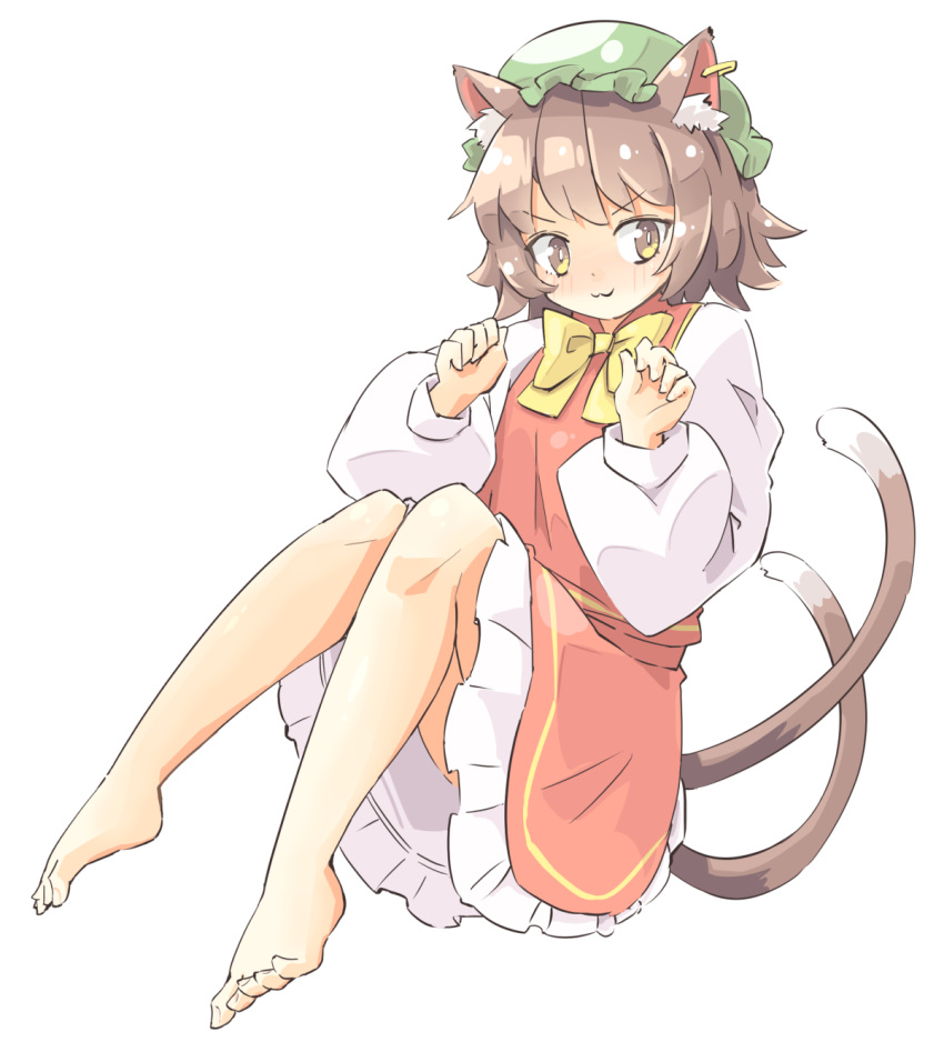 1girl :3 animal_ear_fluff animal_ear_piercing arnest bare_legs barefoot bow bowtie bright_pupils brown_eyes brown_hair cat_tail chen closed_mouth commentary_request dot_nose earrings flat_chest hands_up hat highres jewelry knees_together_feet_apart knees_up light_blush long_sleeves looking_at_viewer mob_cap multiple_tails nekomata petticoat puffy_long_sleeves puffy_sleeves red_skirt red_vest revision simple_background single_earring skirt skirt_set solo tail toes touhou two_tails v-shaped_eyebrows vest white_background white_pupils yellow_bow yellow_bowtie