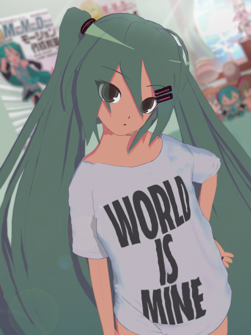 absurdres aqua_hair blurry blurry_background brown_eyes cel_shading character_doll contrapposto curious dutch_angle flower_pot green_hair hair_between_eyes hair_ornament hairclip halftone_texture hand_on_own_hip hatsune_miku head_tilt highres kio_(majin_kz) lens_flare looking_at_viewer messy_hair mikumikudance oversized_clothes oversized_shirt pajamas poster_(object) shirt sidelocks twintails vocaloid white_shirt window world_is_mine_(vocaloid)