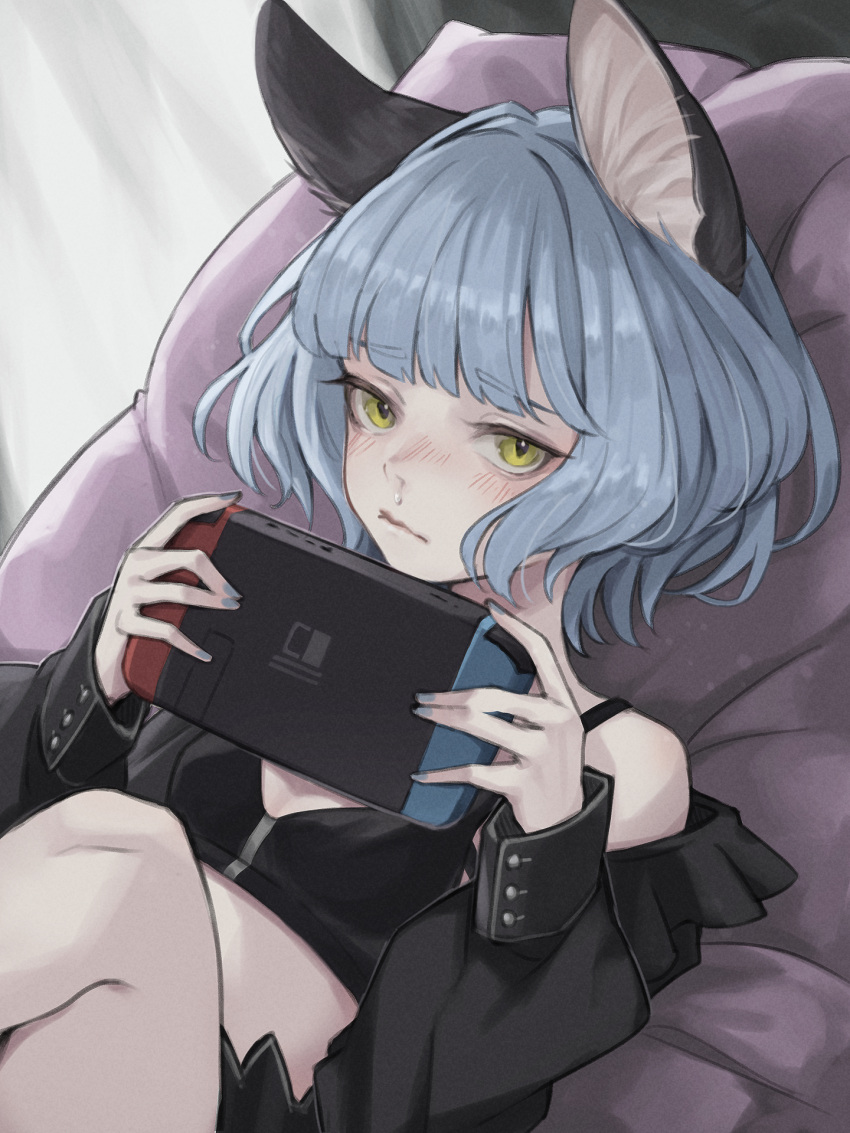 1girl animal_ears black_jacket black_sports_bra blush breasts cat_ears closed_mouth commentary_request furrowed_brow grey_hair half-closed_eyes handheld_game_console highres histoire-ange holding holding_handheld_game_console jacket jacket_partially_removed knee_up light_frown long_sleeves looking_at_viewer nina_(valis) nintendo_switch on_pillow open_clothes open_jacket reclining short_hair sinsekai_studio slit_pupils small_breasts snot solo sports_bra upper_body valis_(sinsekai) virtual_youtuber wavy_hair yellow_eyes