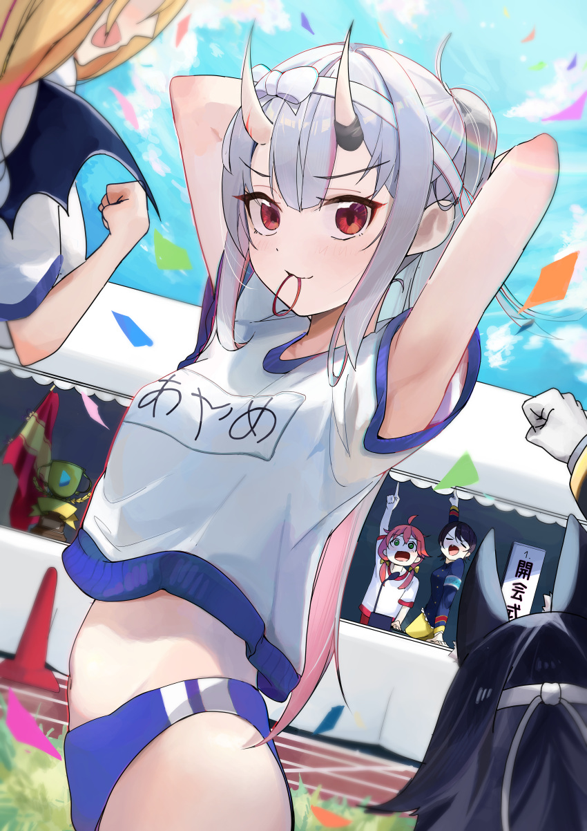 5girls absurdres akutonoeru armpits arms_up black_hair blue_buruma blue_sky buruma character_request chromatic_aberration cloud commentary_request cowboy_shot day gradient_hair grey_hair gym_uniform highres hololive horns long_hair looking_at_viewer midriff mouth_hold multicolored_hair multiple_girls nakiri_ayame name_tag ookami_mio oozora_subaru outdoors pink_hair ponytail red_eyes sakura_miko shirt short_sleeves skin-covered_horns sky streaked_hair tying_hair virtual_youtuber white_shirt yuzuki_choco