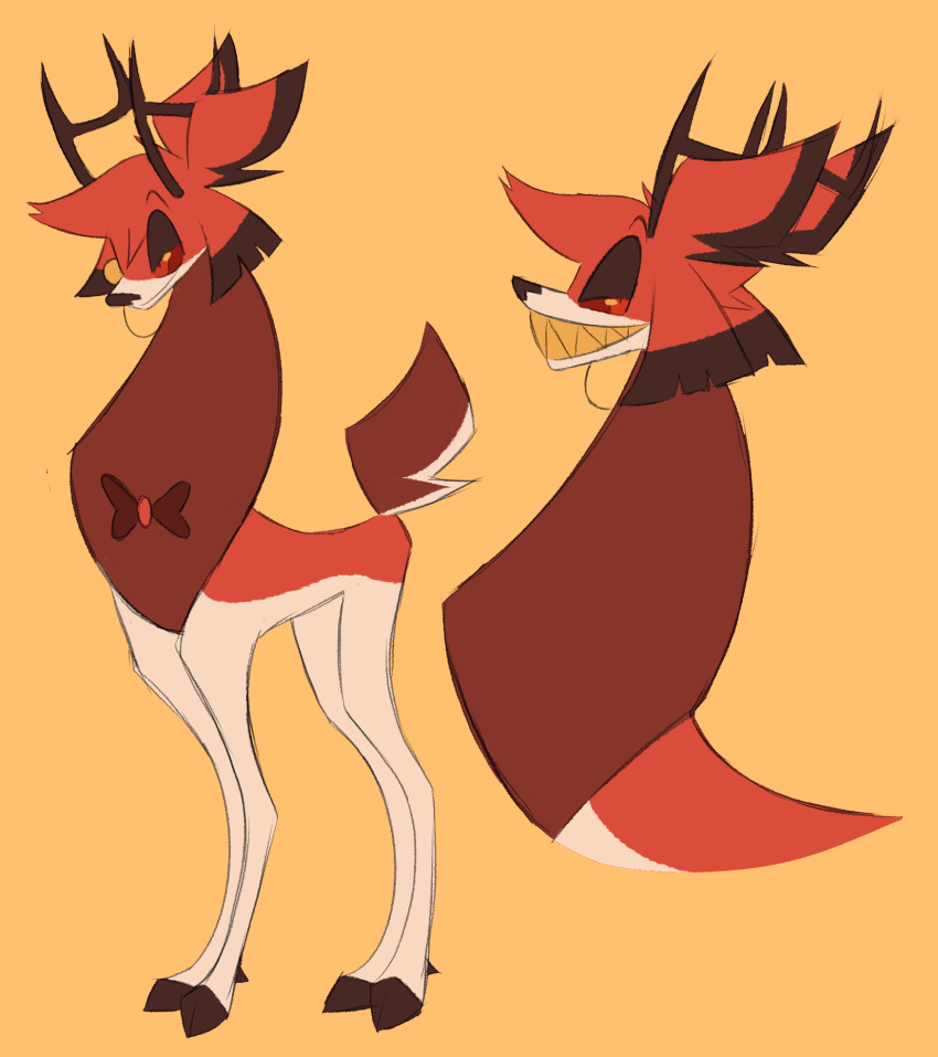 alastor_(hazbin_hotel) antlers deer demon feral feralized fur grin hazbin_hotel hi_res horn labbit1337 male mammal red_body red_fur simple_background smile solo teeth yellow_background