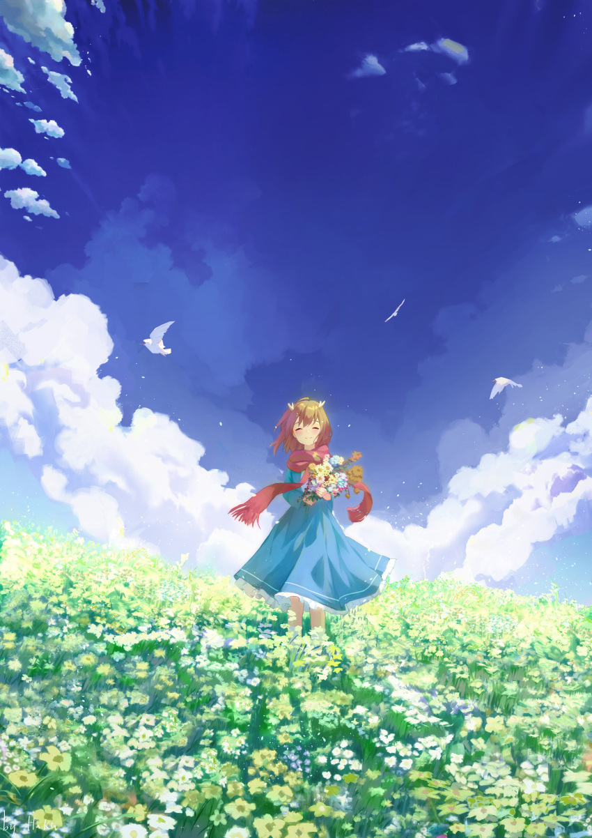 1girl ^_^ absurdres ahoge antlers bird blue_dress blue_flower blue_sky blush bouquet brown_hair closed_eyes closed_mouth cloud commentary cumulonimbus_cloud day deer_antlers deer_girl dress facing_viewer flower frilled_dress frills fringe_trim garden grass hair_between_eyes haku89 happy highres holding holding_bouquet horns indie_utaite kano_(utaite) long_sleeves medium_hair nature outdoors red_scarf scarf scenery signature sky smile solo standing virtual_youtuber white_bird white_flower wide_shot yellow_flower