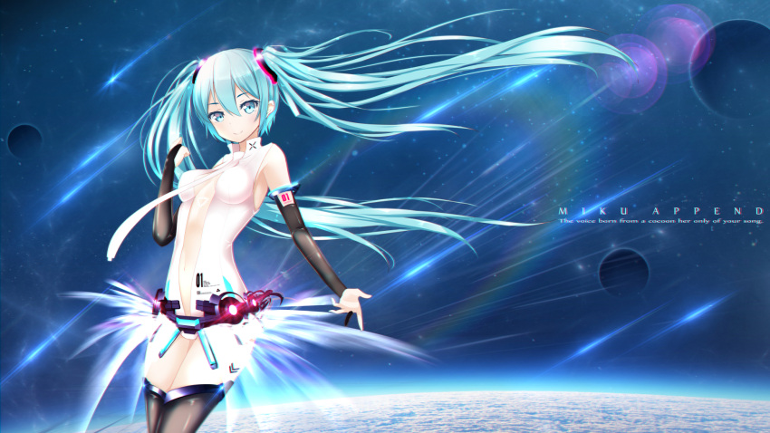 1girl arm_tattoo black_thighhighs blue_eyes blue_hair breasts center_opening clenched_hand closed_mouth eyelashes hair_between_eyes hatsune_miku hatsune_miku_(append) highres hip_gear large_breasts leg_tattoo lens_flare long_hair looking_at_viewer necktie number_tattoo smile solo space tattoo thighhighs twintails vocaloid white_necktie yoshimo_(yoshiki_qaws)