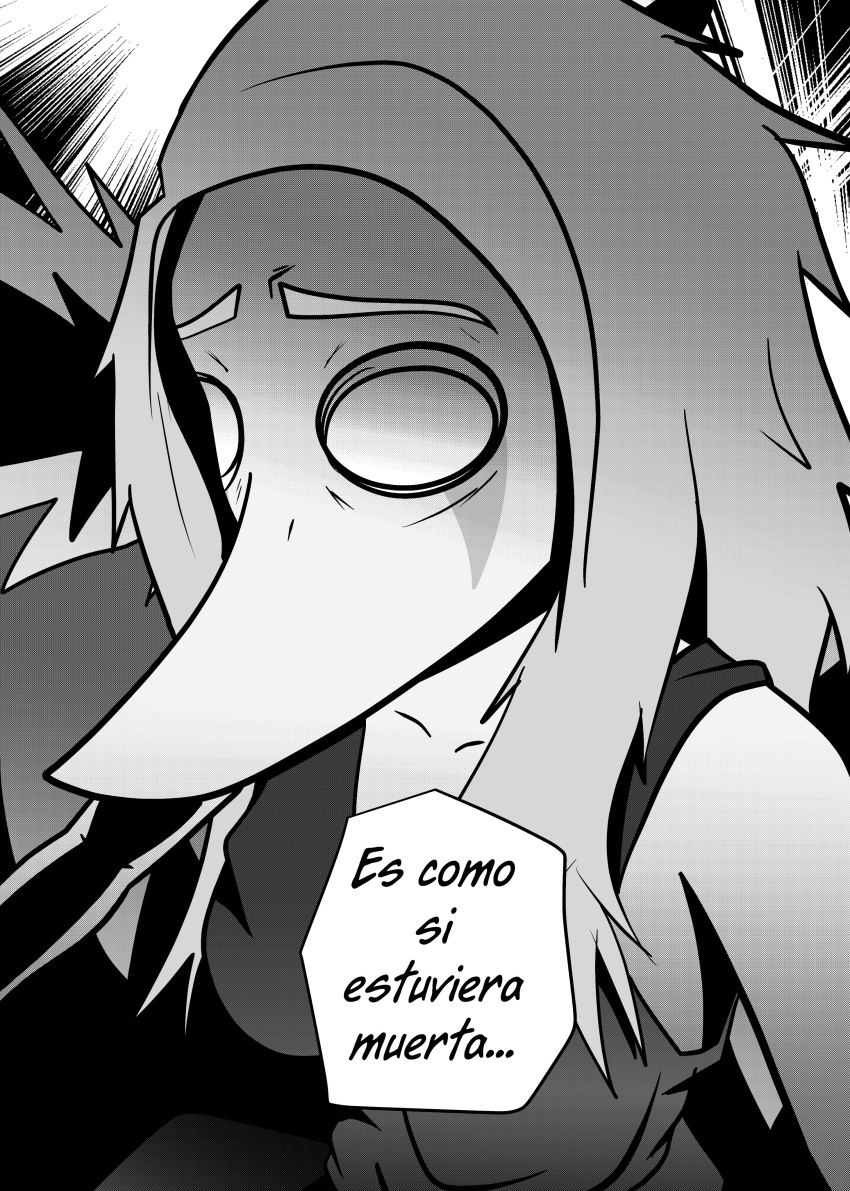 absurd_res anthro breasts chucksebasp clothed clothing dress empty_eyes fang_(gvh) feathered_wings feathers female goodbye_volcano_high hair hi_res long_hair monochrome pterodactylus pterosaur reptile scalie simple_background snout solo spanish_text speech_bubble text wide_eyed wings