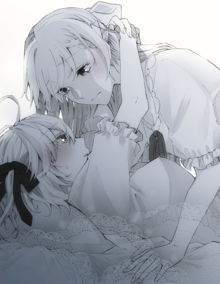 2girls ahoge anisphia_wynn_palettia arms_around_neck blush closed_mouth commentary_request couple euphyllia_magenta eye_contact girl_on_top greyscale hair_ribbon highres long_hair looking_at_another lying monochrome multiple_girls on_back on_bed pajamas pillow ribbon s_sei_1226 short_sleeves spot_color sweatdrop tensei_oujo_to_tensai_reijou_no_mahou_kakumei yuri