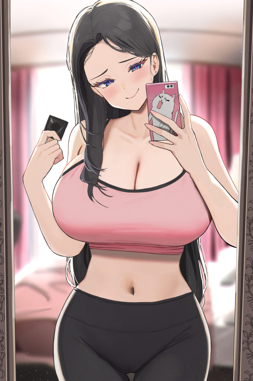 1girl bare_shoulders bedroom black_hair black_pants blue_eyes breasts cellphone cleavage commission condom condom_wrapper crop_top highres holding holding_phone indoors large_breasts long_hair mirror navel original pants phone reflection selfie smartphone smile solo stomach twin_(tt_lsh) yoga_pants