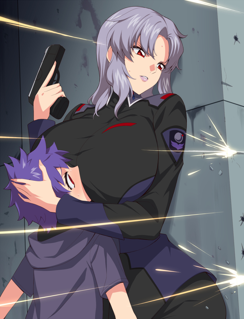 1boy 1girl against_wall age_difference alternate_eye_color alternate_hair_color between_breasts breast_press breasts collared_shirt cowboy_shot eyelashes face_between_breasts forehead grey_hair gun gundam gundam_seed hand_up handgun head_between_breasts highres holding holding_gun holding_weapon hood hood_down hoodie huge_breasts kloah long_hair long_sleeves looking_to_the_side military_uniform multicolored_shirt murrue_ramius onee-shota parted_bangs parted_lips projectile_trail purple_hair red_eyes shirt short_sleeves uniform upper_body weapon