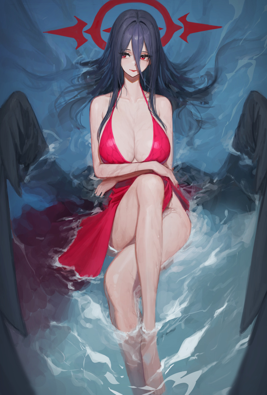 1girl absurdres ama_doooo barefoot black_hair black_wings blue_archive breasts cleavage closed_mouth collarbone commentary crossed_legs dress hair_between_eyes halo hasumi_(blue_archive) highres large_breasts legs lips long_hair looking_to_the_side partially_submerged red_dress red_eyes red_halo sitting sleeveless sleeveless_dress solo thighs water wet wings