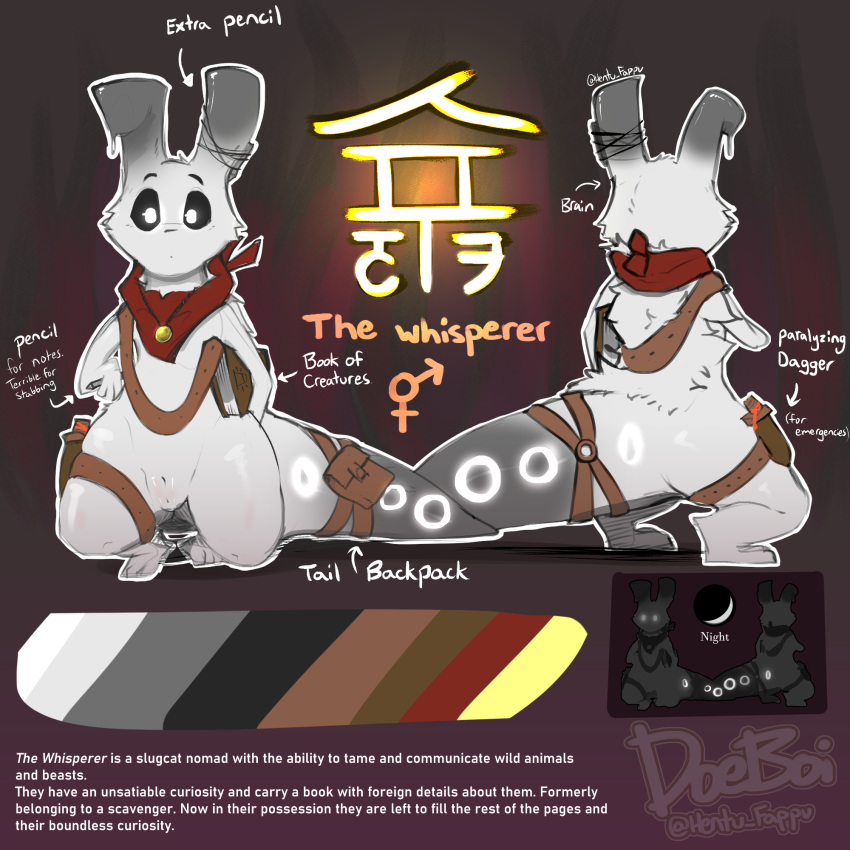 bandanna book doeboi gender_symbol glowing glowing_body glowing_markings harness hi_res kerchief leather leather_harness markings model_sheet rain_world slit slugcat_(rain_world) symbol symbolism text the_whisperer_(doeboi)