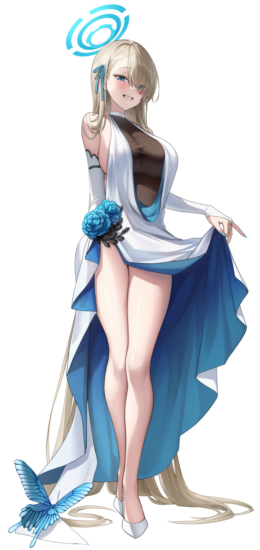 1girl absurdres alternate_costume asuna_(blue_archive) bare_shoulders blue_archive blue_eyes blue_flower blue_ribbon breasts bridal_gauntlets cleavage clothes_lift flower full_body grin hair_over_one_eye hair_ribbon halo high_heels highres large_breasts lifted_by_self light_brown_hair long_hair looking_at_viewer parted_lips ribbon simple_background smile solo standing teeth thighs torrentduck very_long_hair white_background white_footwear