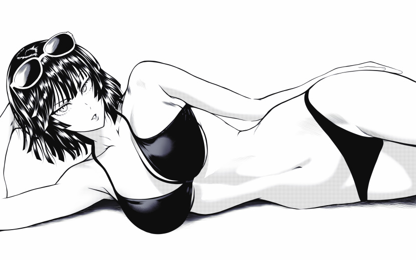 1girl absurdres bikini breasts eyewear_on_head fubuki_(one-punch_man) greyscale highres large_breasts looking_at_viewer lying monochrome mostlybluewyatt navel on_side one-punch_man parted_lips short_hair solo sunglasses swimsuit