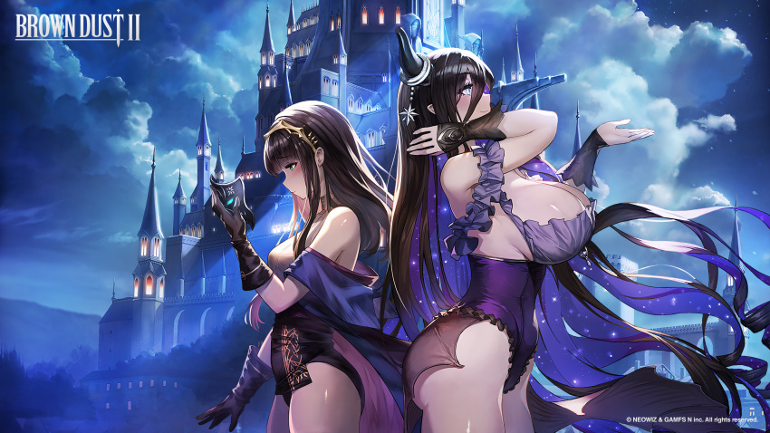 2girls absurdres back-to-back black_hair blue_eyes breasts broken_horn brown_dust_2 brown_gloves castle celia_(brown_dust) closed_mouth cloud cloudy_sky copyright_name demon_girl demon_horns eclipse_(brown_dust_2) eyebrows_hidden_by_hair feet_out_of_frame fingerless_gloves from_side gloves glowing glowing_eye green_eyes hair_between_eyes half-leotard hand_in_own_hair highres holding holding_mask horn_ornament horn_ring horns huge_breasts large_breasts leotard long_hair looking_down looking_up mask moonlight multiple_girls night night_sky official_art purple_leotard second-party_source shirt sideboob sky smile thick_thighs thighs turtleneck_shirt upper_body very_long_hair white_shirt