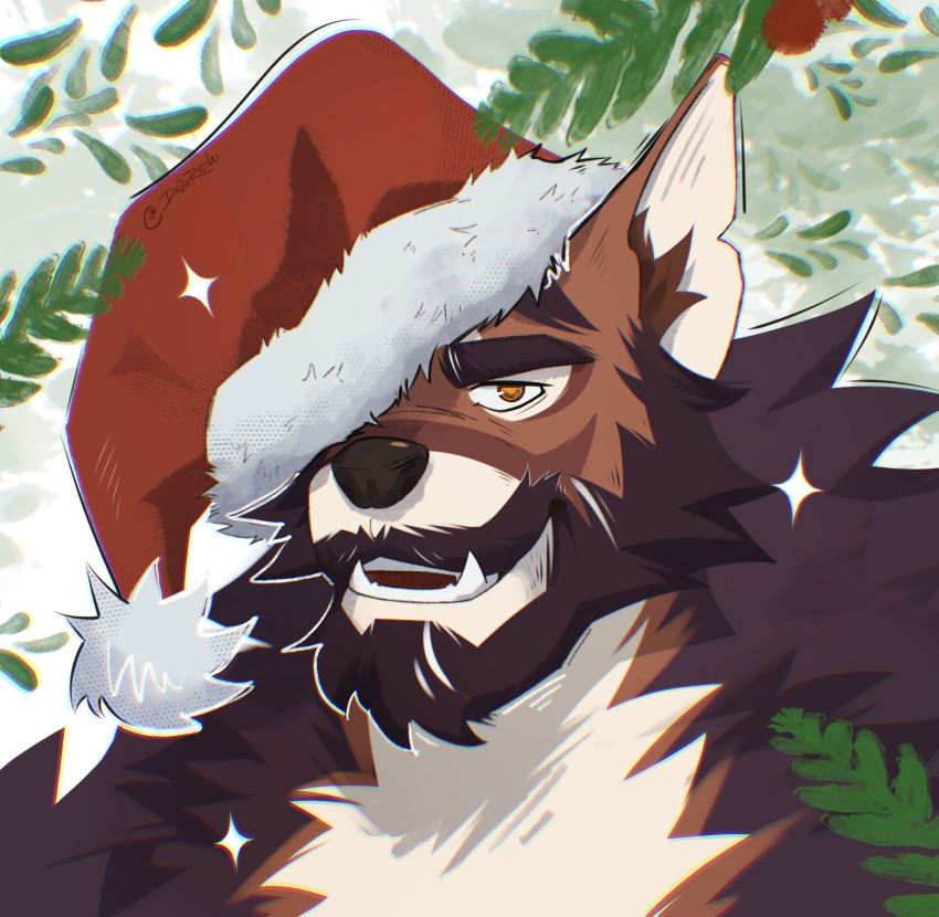 1boy abs bara beard brown_fur brown_hair christmas dog_boy drawreshi facial_hair full_beard furry furry_male hat hat_over_one_eye highres huge_eyebrows large_pectorals looking_at_viewer male_focus mature_male muscular muscular_male navel_hair neck_fur nipples original pectorals portrait resh_(drawreshi) santa_hat short_hair solo stomach thick_beard thick_mustache tusks