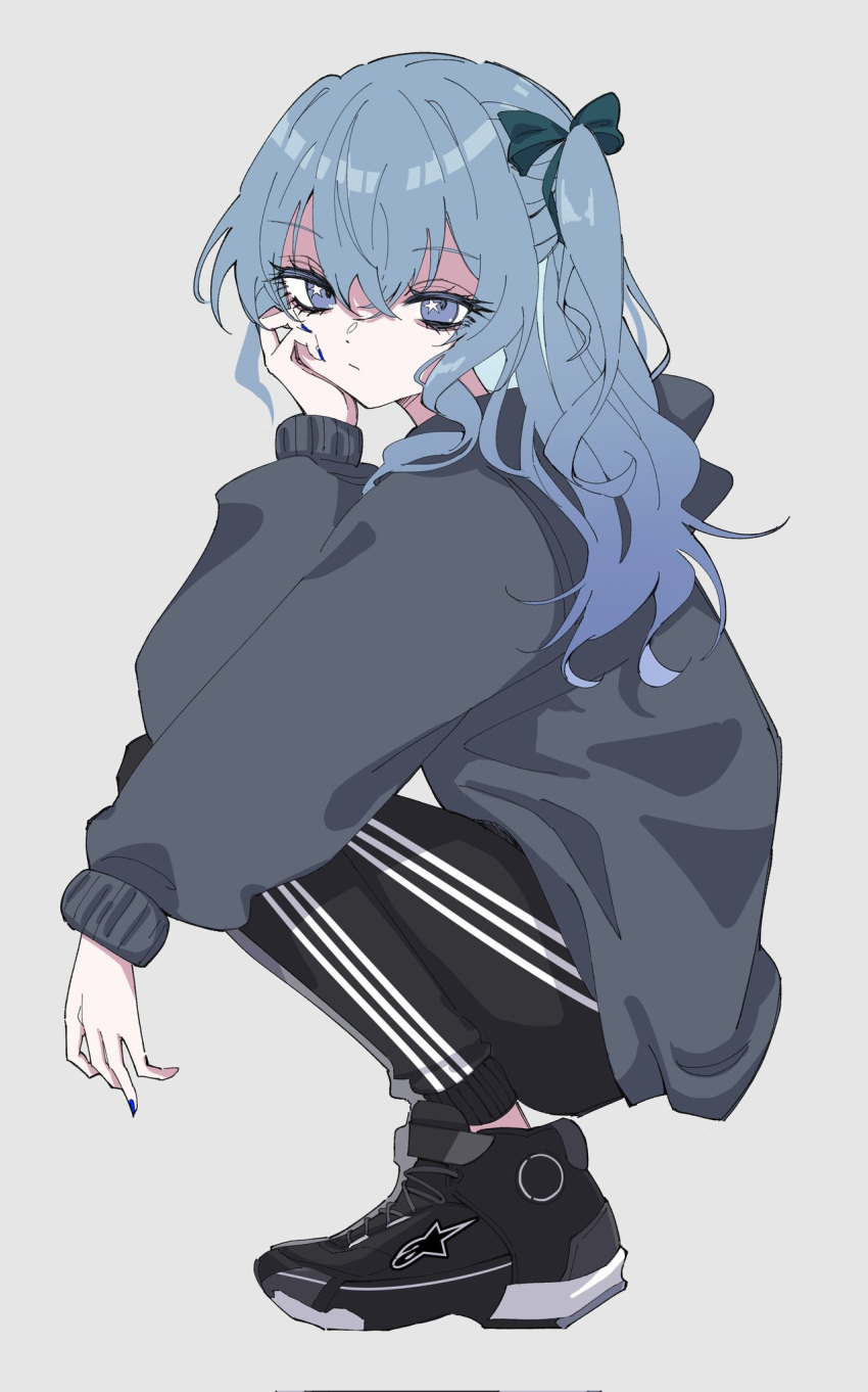 1girl blue_eyes blue_hair blue_nails donki_(dodododonkidon) expressionless eyelashes from_side full_body grey_hoodie hair_between_eyes highres hololive hood hoodie hoshimachi_suisei long_hair looking_at_viewer nail_polish one_side_up shoes sneakers solo squatting star_(symbol) star_in_eye striped_leggings symbol_in_eye virtual_youtuber