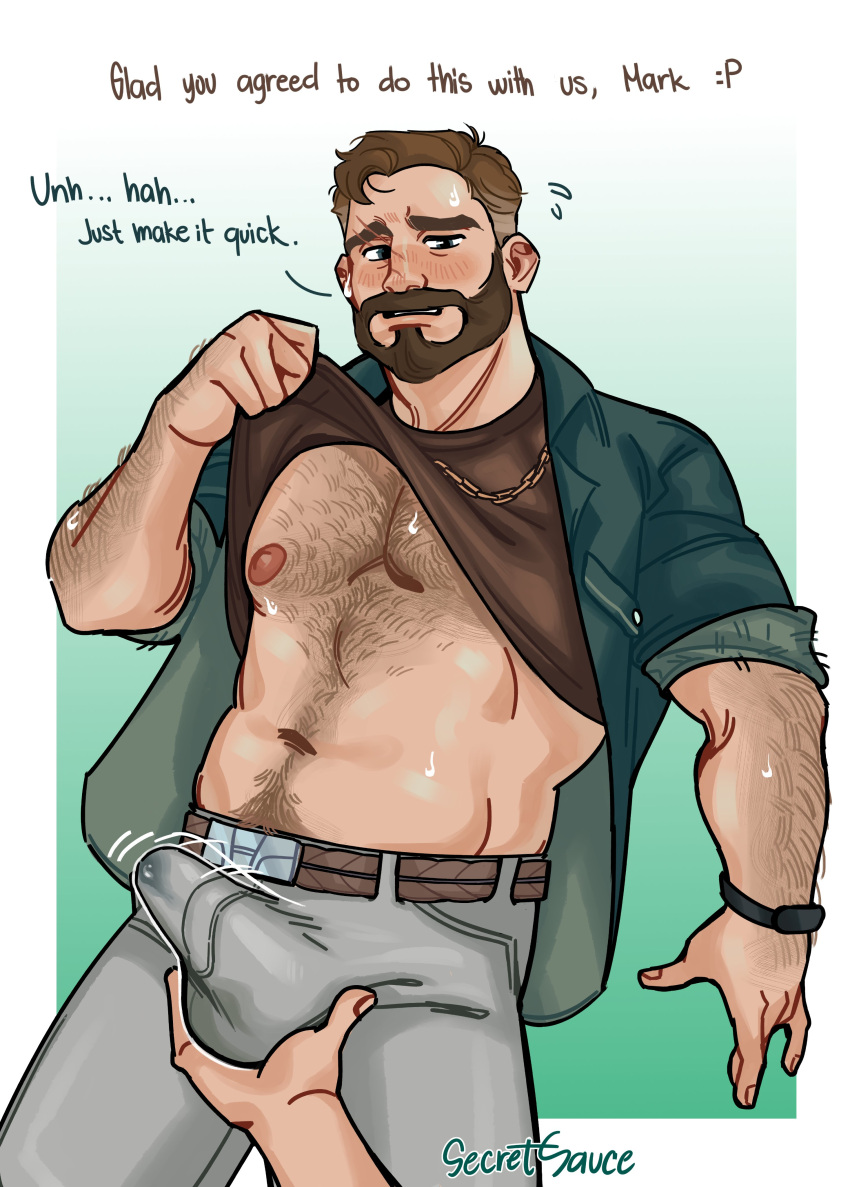 1boy 55sauce55 absurdres arm_hair bara bare_pectorals beard belly blush brown_hair bulge chain_necklace coral_island cowboy_shot crotch_grab erection erection_under_clothes facial_hair full_beard hairy highres jewelry lifted_by_self looking_at_viewer male_focus mark_(coral_island) muscular muscular_male necklace nervous_sweating nipples pants pectorals plump pov pov_hands precum precum_through_clothes short_hair smile solo_focus sweat thick_beard thick_chest_hair thick_navel_hair very_hairy